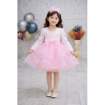 Kız Çocuk Üst Dokuma Kumaş Ön Dekolte Detaylı Şeker Pembesi Grenli Kabarık Elbise