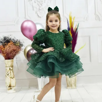 Kız Çocuk Zümrüt Yeşili Boncuklu Balon ve Düz Kol Elbise
