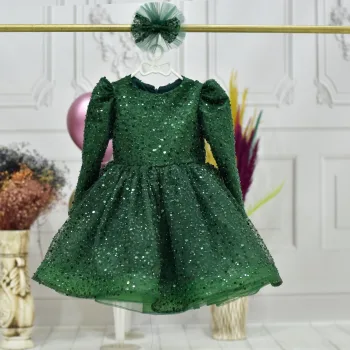 Kız Çocuk Zümrüt Yeşili Boncuklu Payetli Kabarık Elbise Uzun Kol