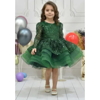 Kız Çocuk Zümrüt Yeşili Boncuklu Payetli Uzun Kol Kabarık Elbise