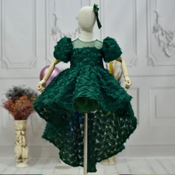 Kız Çocuk Zümrüt Yeşili Gül Desenli Kuyruklu Uzun Kol Elbise Abiye