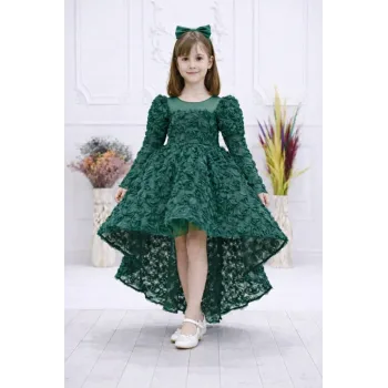 Zümrüt Yeşili Şefaff  Gül Desenli Kuyruklu Uzun Kol Elbise Abiye