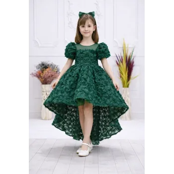 Kız Çocuk Zümrüt Yeşili Gül Desenli Kuyruklu Uzun Kol Elbise Abiye