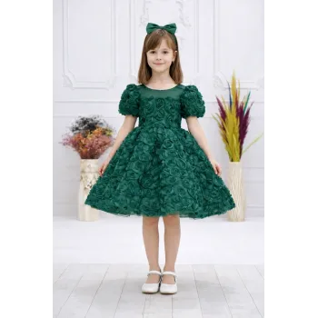 Kız Çocuk Zümrüt Yeşili Gül Desenli Uzun Kol Kabarık Elbise