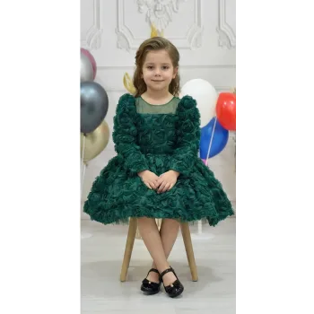 Kız Çocuk Zümrüt Yeşili Gül Desenli Uzun Kol Kabarık Elbise