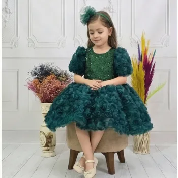 Kız Çocuk Zümrüt Yeşili Gül Desenli ve Boncuklu Kısa Balon Kol