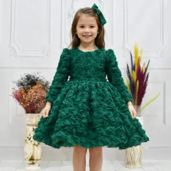 Kız Çocuk Zümrüt Yeşili Gül Detaylı Kabarık Elbise