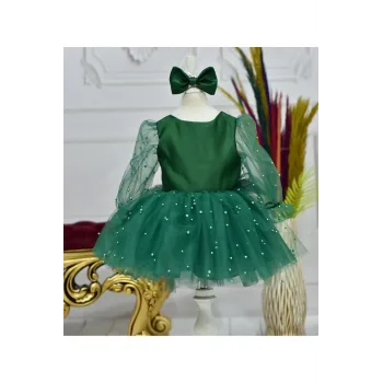 Kız Çocuk Zümrüt Yeşili İncili Uzun Şeffaf Kol Kabarık Elbise
