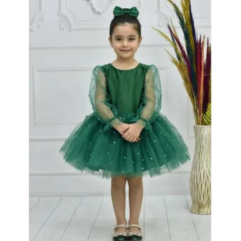 Kız Çocuk Zümrüt Yeşili İncili Uzun Şeffaf Kol Kabarık Elbise