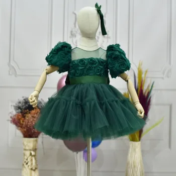 Kız Çocuk Zümrüt Yeşili Kabarık Gül Desenli Tül Etek şeffaf Kısa Balon Kol Elbise