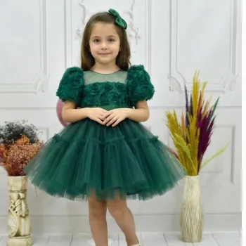 Kız Çocuk Zümrüt Yeşili Kabarık Gül Desenli Tül Etek şeffaf Kısa Balon Kol Elbise