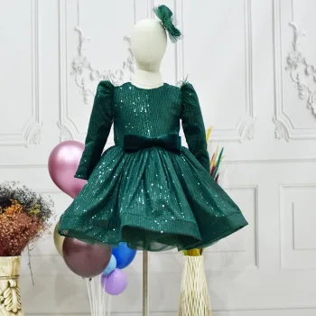 Kız Çocuk Zümrüt Yeşili Payet Kabarık Uzun Kol Omuz Tül Detaylı Elbise