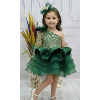 Kız Çocuk Zümrüt Yeşili Pullu Tek Omuz Parıltılı Elbise