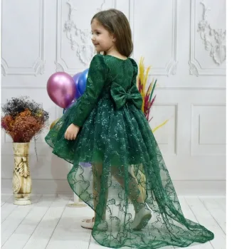 Kız Çocuk Zümrüt Yeşili Simli Parıltılı Kuyruklu Elbise