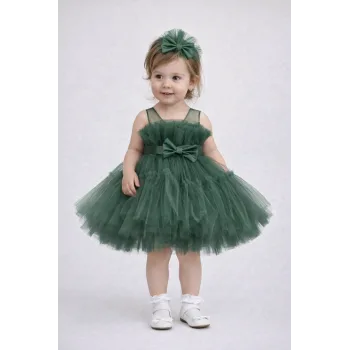 Kız Çocuk Zümrüt Yeşilli Şeffaf Üst Ön Fiyonk Detaylı Kemerli Kabarık