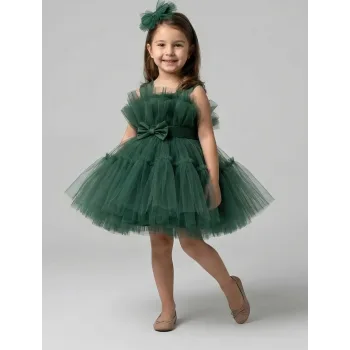 Kız Çocuk Zümrüt Yeşilli Şeffaf Üst Ön Fiyonk Detaylı Kemerli Kabarık