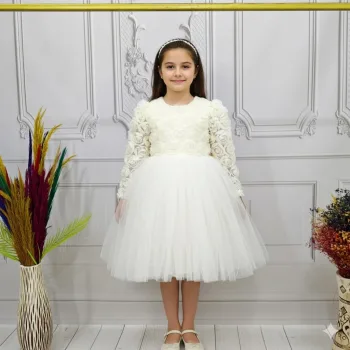 Krem Gül Kabartmalı Tütülü Kuytuklu Elbise Abiye Gelinlik