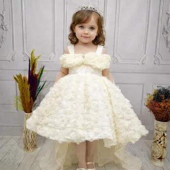 Krem Kuyruklu Madonna Yaka Elbise Abiye Elbise Gelinlik