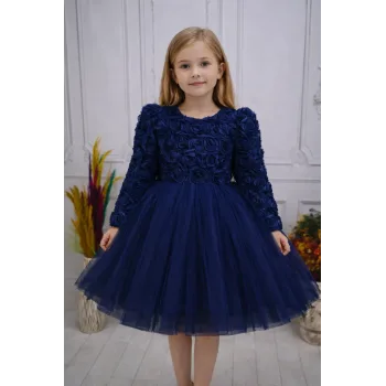 Lacivert Lacivert Güllü Desenli Kabarık Elbise Gelinlik Abiye