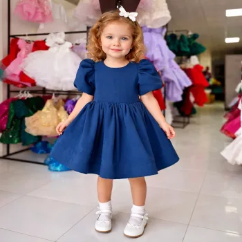 Lacivert Krep Kısa Kol Elbise Abiye Gelinlik