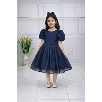 Lacivert Simli Kısa Kol parıltılı Kabarık Elbise Gelinlik Abiye