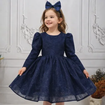 Lacivert Simli Uzun Kol parıltılı Kabarık Elbise Gelinlik Abiye