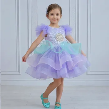 Lila Deniz Konsepti Deniz Kabuğu İşlemeli Çift Omuz Kabarık Gelinlik Elbise