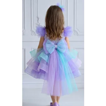 Lila Deniz Konsepti Kuyruklu Deniz Kabuğu İşlemeli Çift Omuz Kabarık Gelinlik Elbise