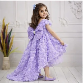 Lila Gül Desenli Kuyruklu+Kelebek set Kısa Balon Kol Ön Şeffaf Elbise Abiye