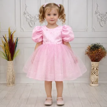 Pembe Flok Kısa Kol Elbise Abiye Gelinlik