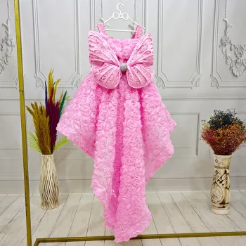 Pembe Gül Desenli Kelebekli Kanat Askılı Kol Elbise Abiye Gelinlik