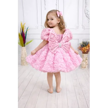 Pembe Güllü Kelebekli Kanat Askılı Madonna Kıs Kol Elbise Abiye Gelinlik