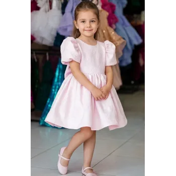 Pembe Jakar Kısa Kol Elbise Abiye Gelinlik