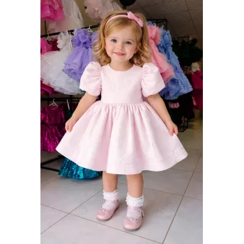 Pembe Jakar Kısa Kol Elbise Abiye Gelinlik