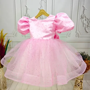 Pembe Flok Kısa Kol Elbise Abiye Gelinlik