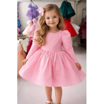 Pembe Simli Parıltılı Uzun Kol Elbise Abiye Gelinlik