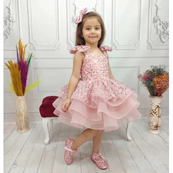 Pudra Çift Fiyonklu Taşlı Boncuklu Payetli Kabarık Elbise