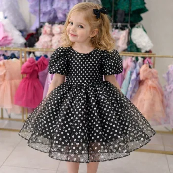 Siyah Beyaz Noktalı Parıltılı Kabarık Elbise