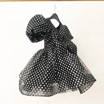 Siyah Beyaz Noktalı Parıltılı Kabarık Elbise