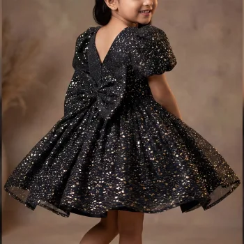 Siyah Gold Noktalı Parıltılı Kabarık Elbise