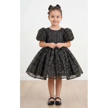 Siyah Gold Noktalı Parıltılı Kabarık Elbise