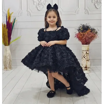 Siyah Güllü 3D Abiye Gelinlik +Kelebek Elbise