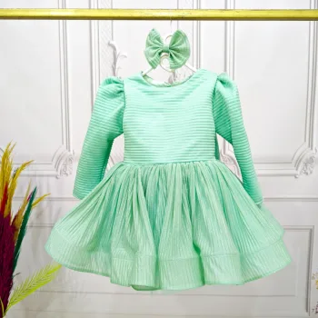 Su Yeşili Parıltılı sim Dökmez Uzun Kol Kabarık Parıltılı Elbise Gelinlik