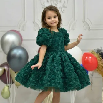 Zümrüt Yeşili Gül Desenli Kısa Kol Kabarık Elbise Abiye Gelinlik