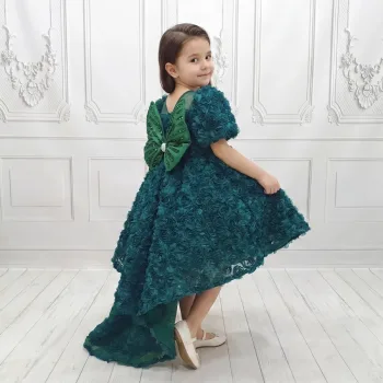 zümrüt Yeşili Güllüa Abiye+ Kelebek Seti Kuyruklu Kısa Kol Elbise Abiye Gelinlik