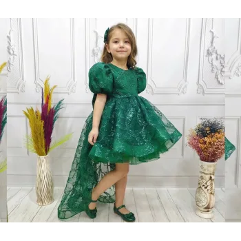 Zümrüt yeşili Parıltılı Kısa Kol Kabarık Kuyruklu Abiye Elbise Gelinlik