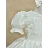 Kız Çocuk Krem 3D Çiçek İşlemeli Kabarık Kısa Balon Kol