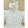 Kız Çocuk Krem 3D Çiçek İşlemeli Kabarık Kısa Balon Kol