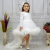 Beyaz Taşlı Boncuklu Kuyruklu Uzun Kol Elbise Abiye Gelinlik
