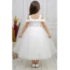 Kız Çocuk Beyaz Gül işleme Elbise Abiye Gelinlik